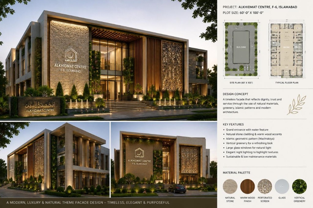 JKD proposed architectural presentation board — Alkhidmat Centre F-6 Islamabad