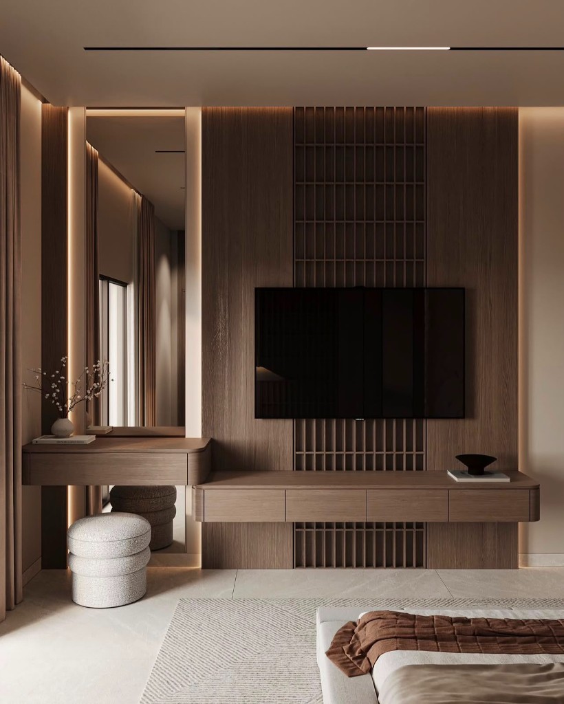 Serene Nova bespoke bedroom with wood panelling